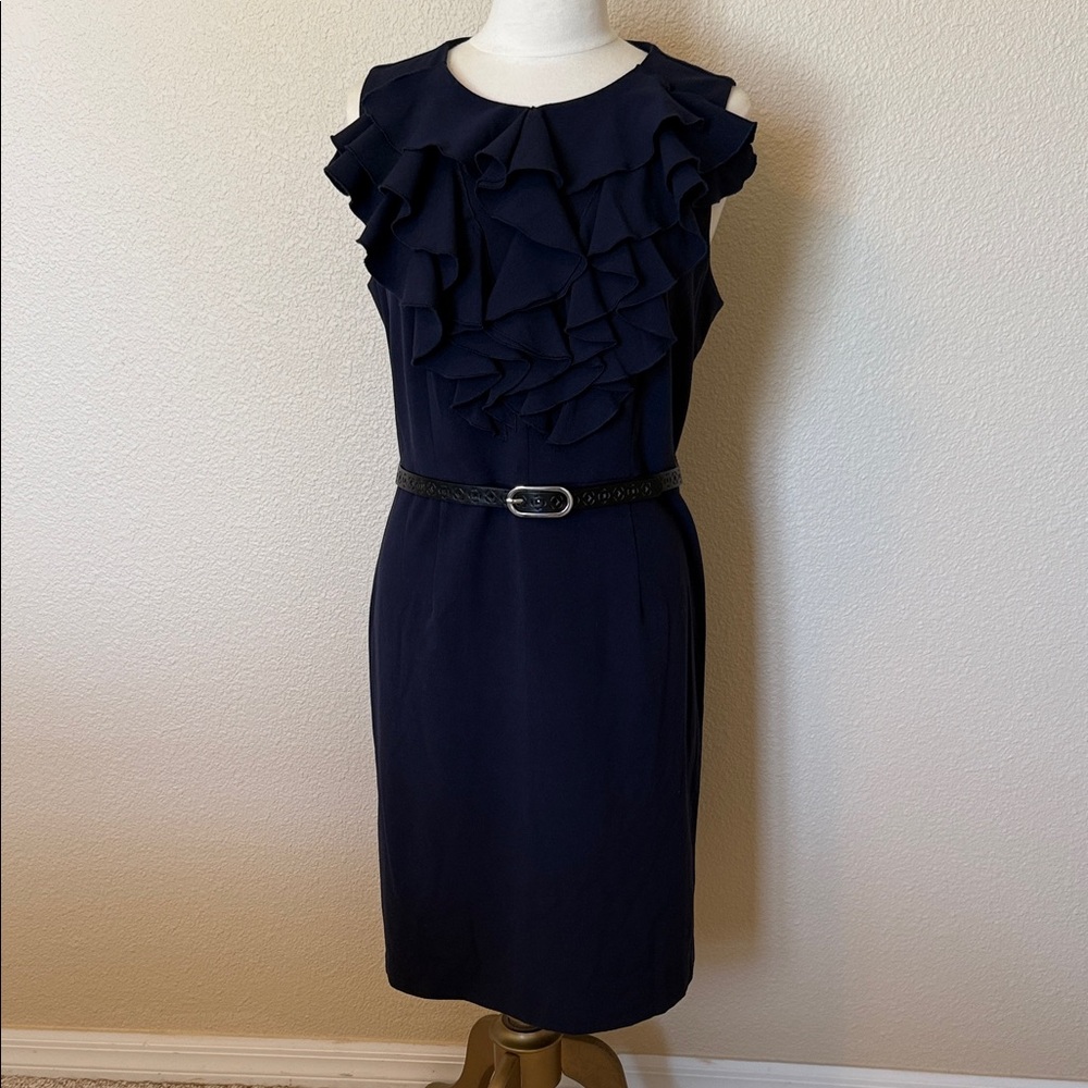 Emma & Michele Navy Sleeveless Ruffle Sheath Dress (sz 12)